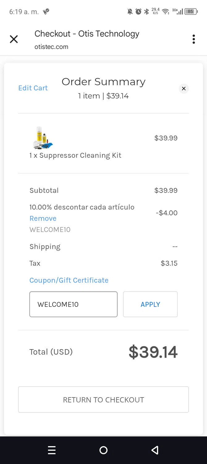 Otis Technology coupon code screenshot showing code WELCOME10 applied at Otis Technology checkout page. Uploaded by SimplyCodes community member leiraM on Jun 23, 2025