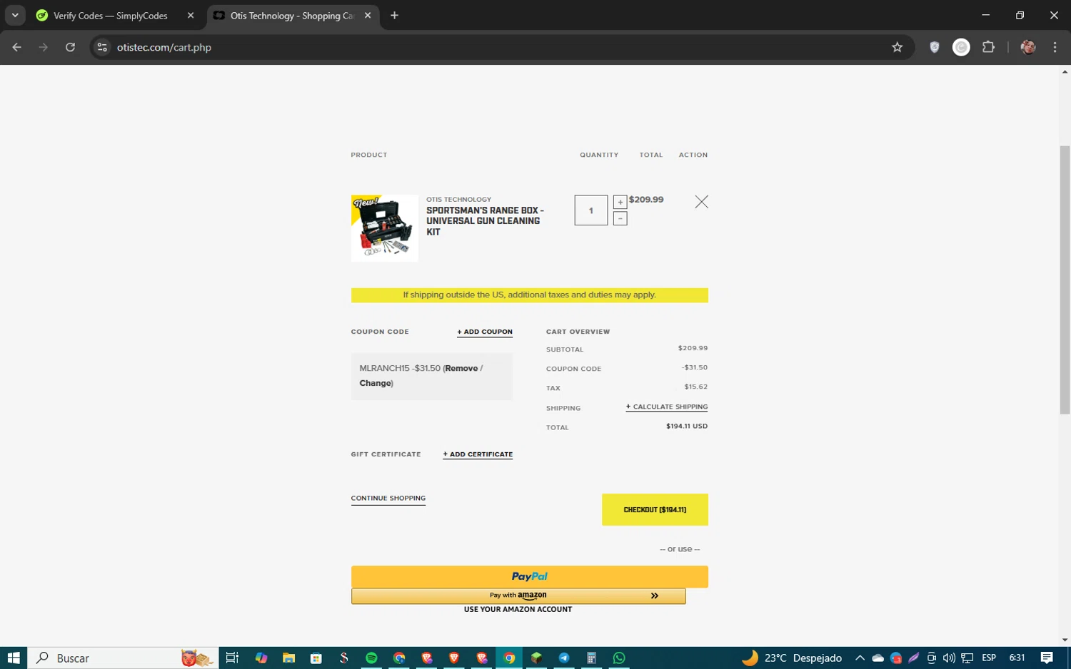 Otis Technology coupon code screenshot showing code MLRANCH15 applied at Otis Technology checkout page. Uploaded by SimplyCodes community member 61451681 on Feb 2, 2025