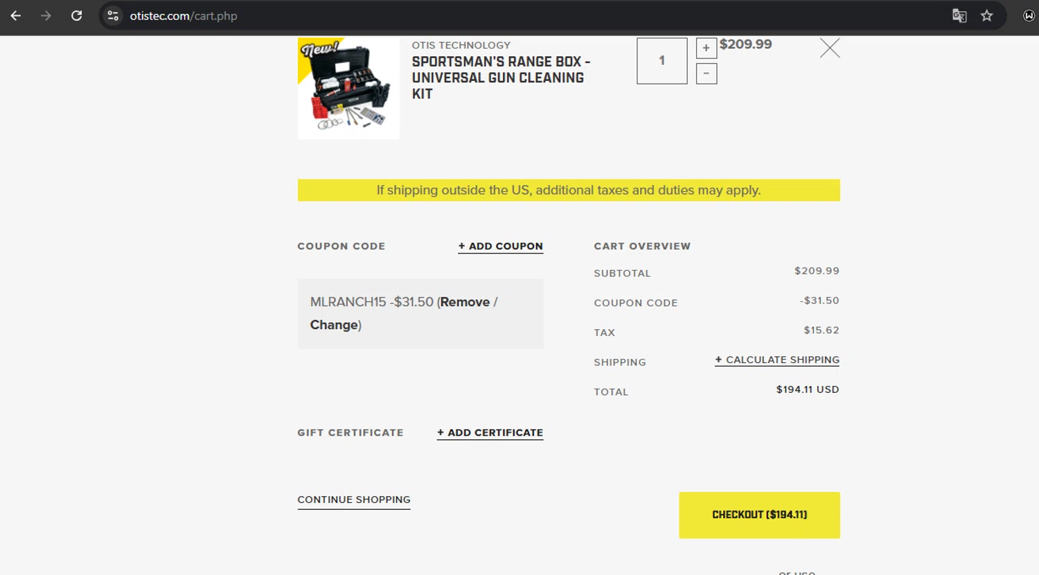 Otis Technology coupon code screenshot showing code MLRANCH15 applied at Otis Technology checkout page. Uploaded by SimplyCodes community member RoyalSpotter5217 on Jan 4, 2025