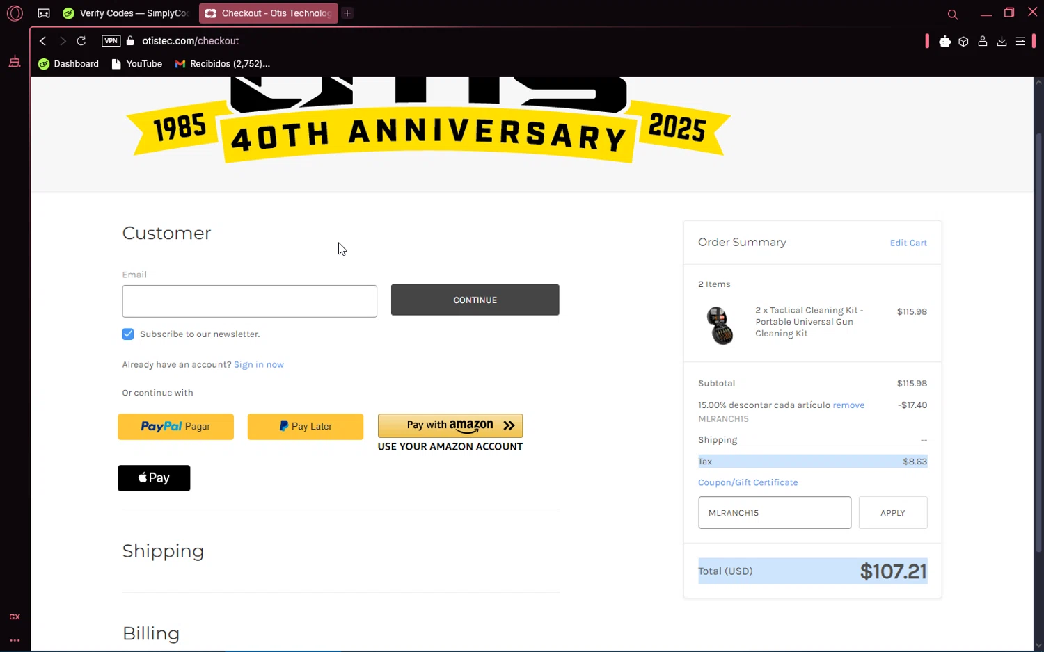 Otis Technology coupon code screenshot showing code MLRANCH15 applied at Otis Technology checkout page. Uploaded by SimplyCodes community member number_1 on Mar 3, 2025