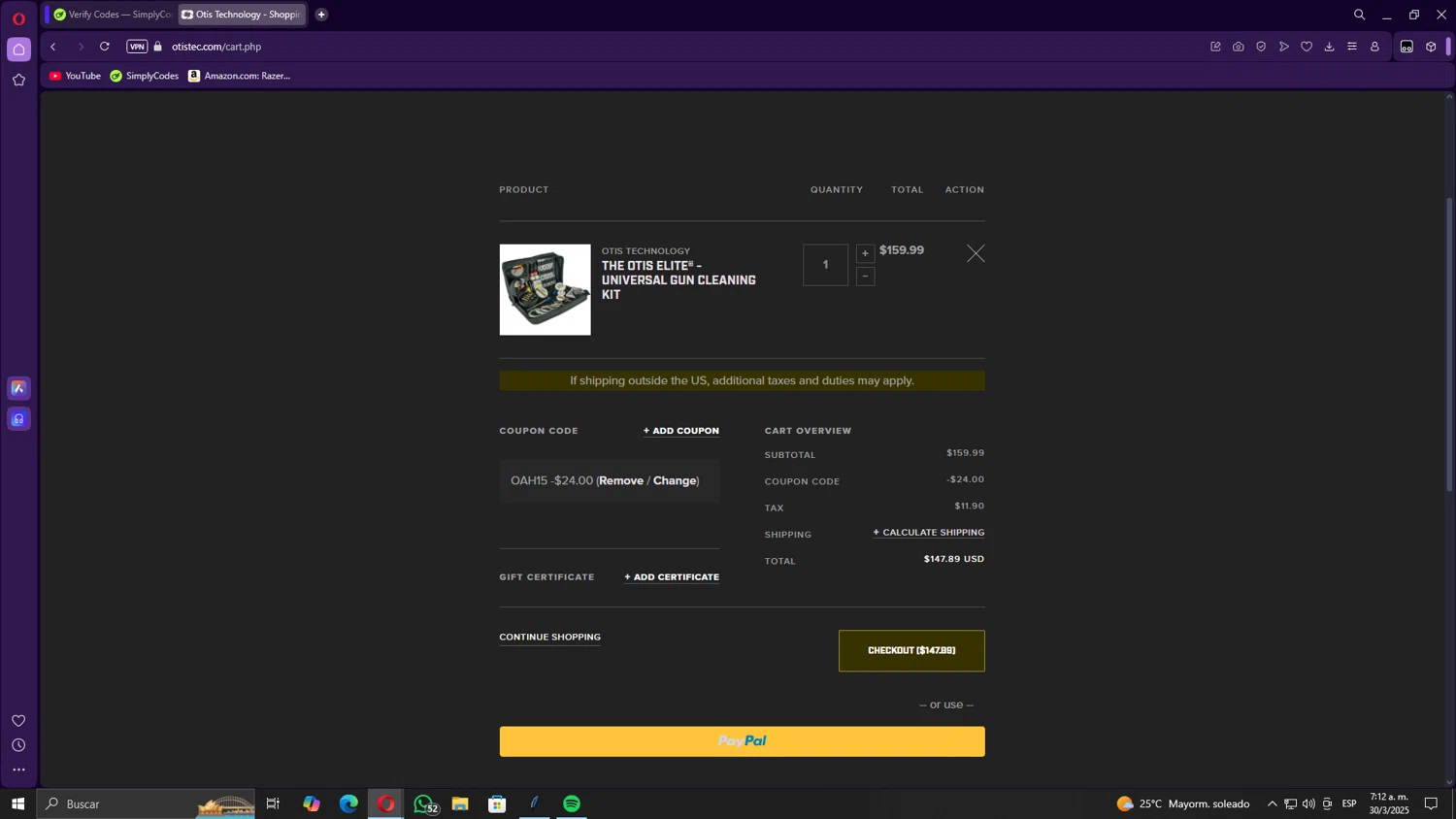 Otis Technology coupon code screenshot showing code Oah15 applied at Otis Technology checkout page. Uploaded by SimplyCodes community member Gojira on Mar 30, 2025