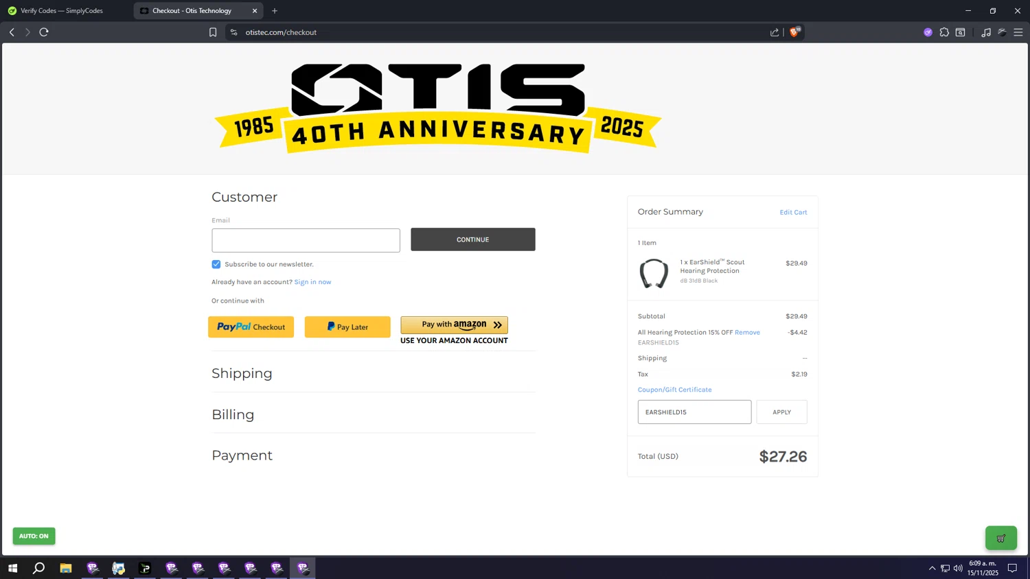 Otis Technology checkout page showing Otis Technology coupon code box | Screenshot taken by SimplyCodes community member on Nov 15, 2025