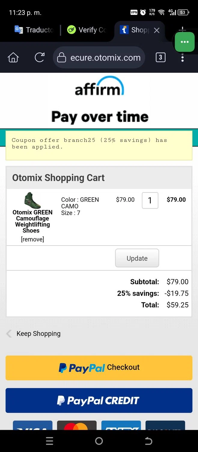 Otomix discount code screenshot showing code BRANCH25 applied at Otomix checkout page. Uploaded by SimplyCodes community member JannyiseaN on May 18, 2025