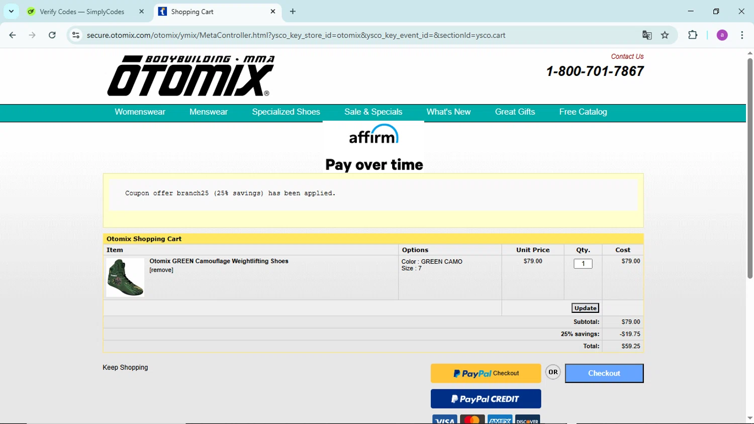 Otomix discount code screenshot showing code BRANCH25 applied at Otomix checkout page. Uploaded by SimplyCodes community member PennyBoss9589 on Apr 28, 2025