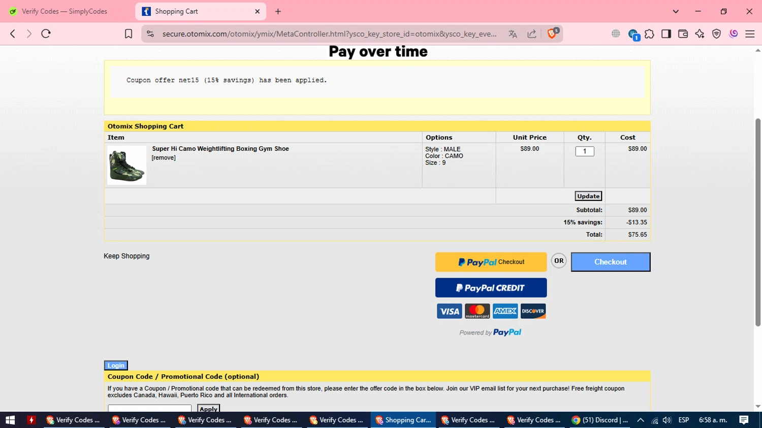 Otomix discount code screenshot showing code NET15 applied at Otomix checkout page. Uploaded by SimplyCodes community member CleverSpotter2858 on Apr 6, 2025