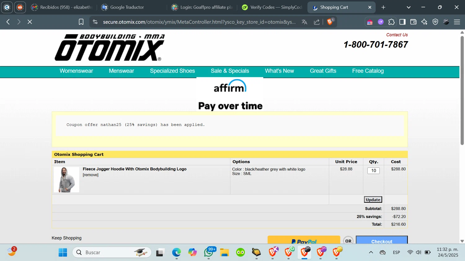 Otomix discount code screenshot showing code NATHAN25 applied at Otomix checkout page. Uploaded by SimplyCodes community member QuestFinder8736 on May 25, 2025