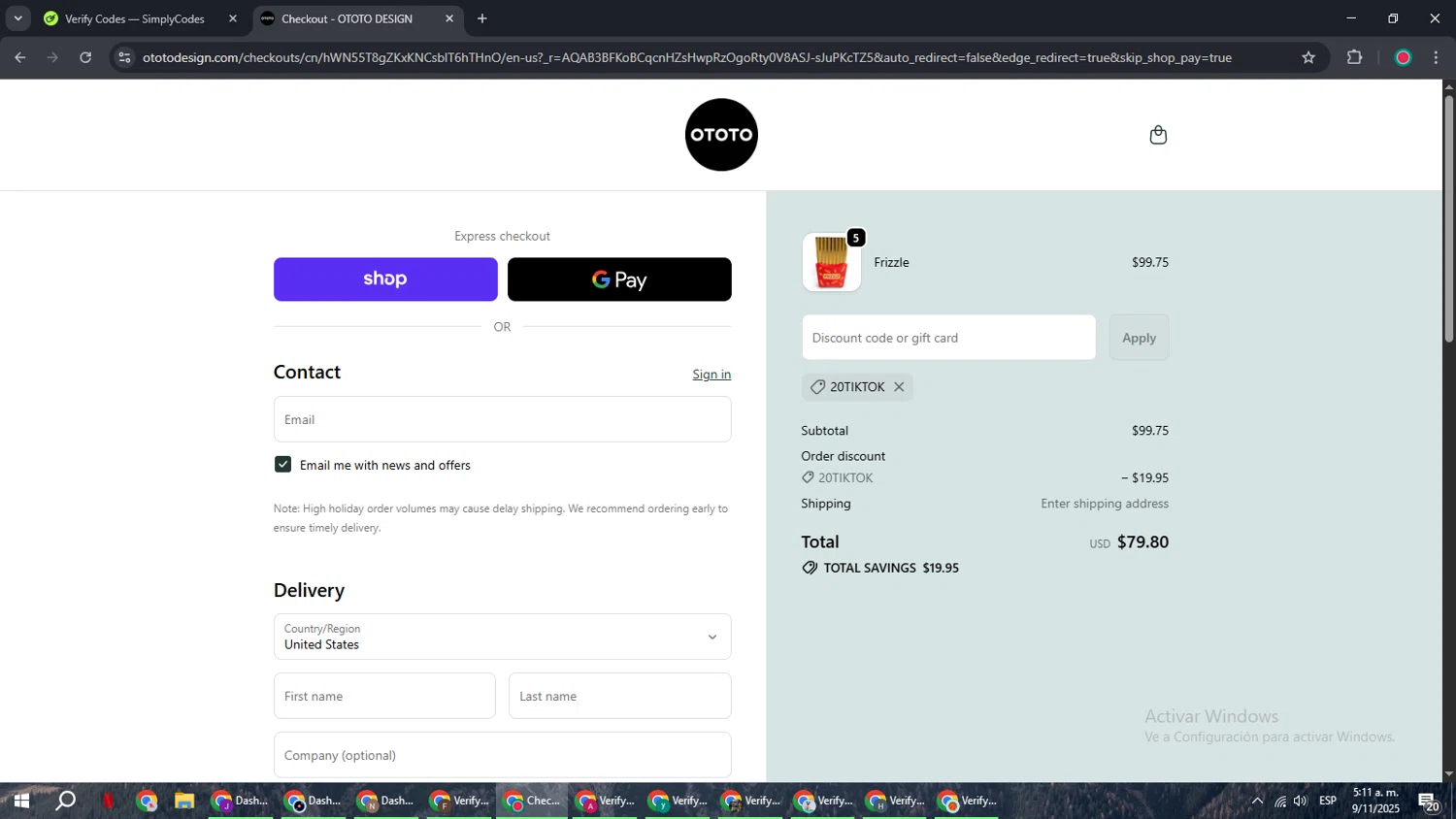 Ototo coupon code screenshot showing code 20TIKTOK applied at Ototo checkout page. Uploaded by SimplyCodes community member AVAMUSTANG on Nov 9, 2025