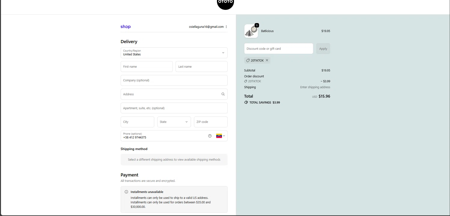 Ototo coupon code screenshot showing code 20TIKTOK applied at Ototo checkout page. Uploaded by SimplyCodes community member FrugalElite775 on Oct 23, 2025