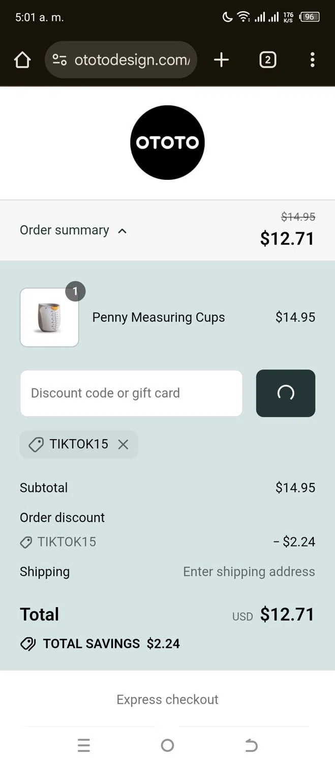 Ototo coupon code screenshot showing code TIKTOK15 applied at Ototo checkout page. Uploaded by SimplyCodes community member Gianpiero on Jul 23, 2025