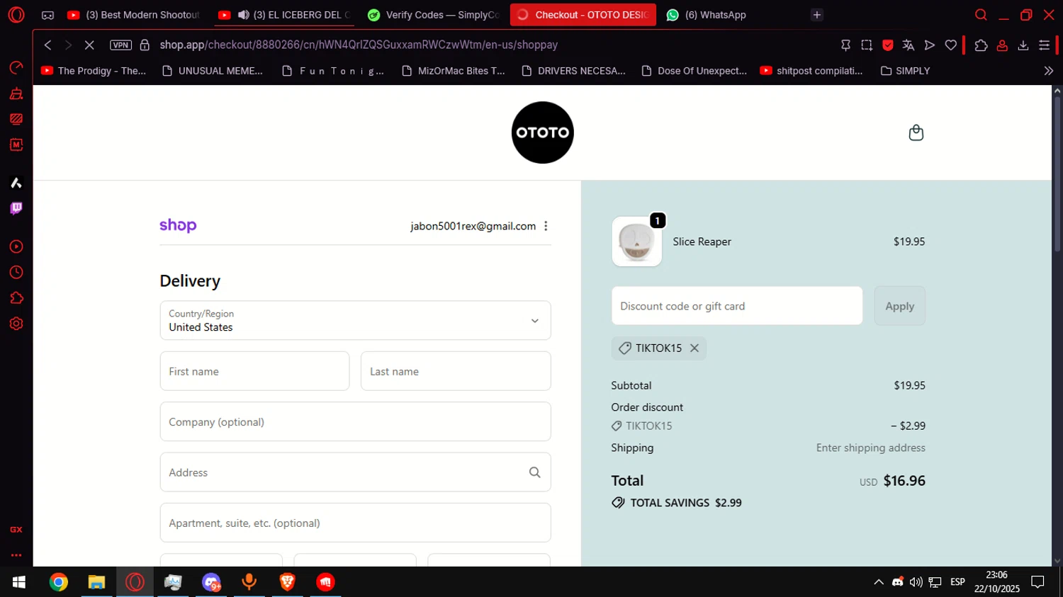 Ototo coupon code screenshot showing code TIKTOK15 applied at Ototo checkout page. Uploaded by SimplyCodes community member Helpme on Oct 23, 2025
