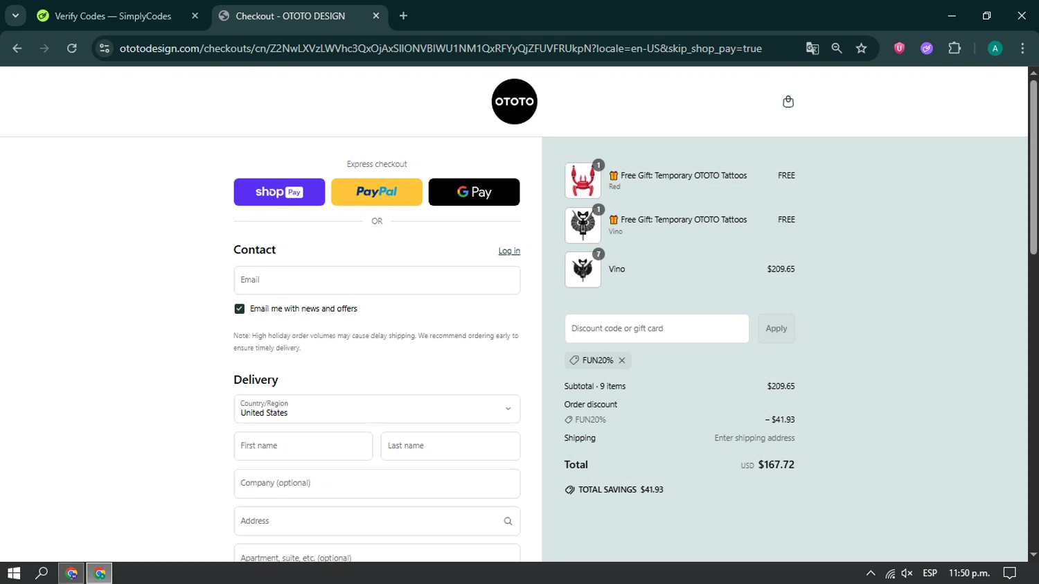 Ototo coupon code screenshot showing code FUN20% applied at Ototo checkout page. Uploaded by SimplyCodes community member simplycodescupons on Jun 26, 2025