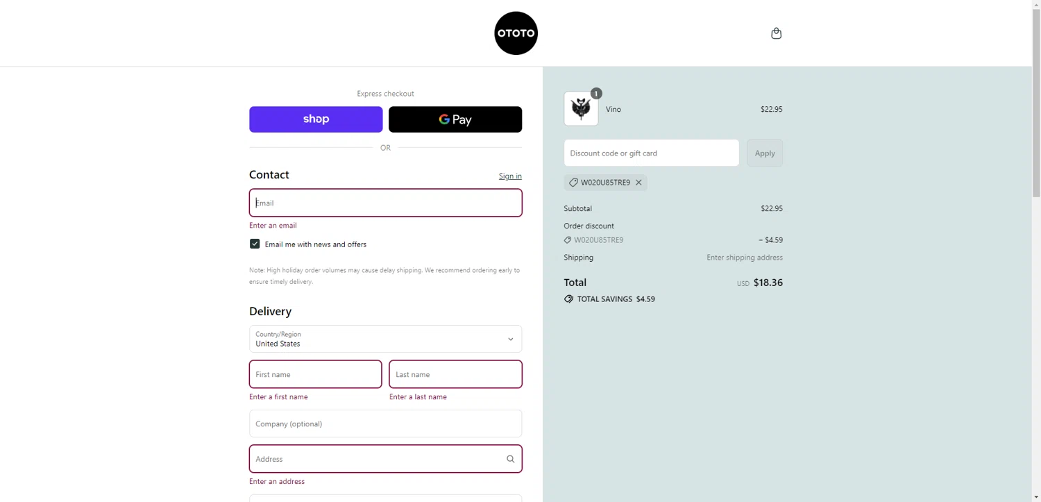 Ototo coupon code screenshot showing code W020U85TRE9 applied at Ototo checkout page. Uploaded by SimplyCodes community member EpicEagle816 on Sep 16, 2025