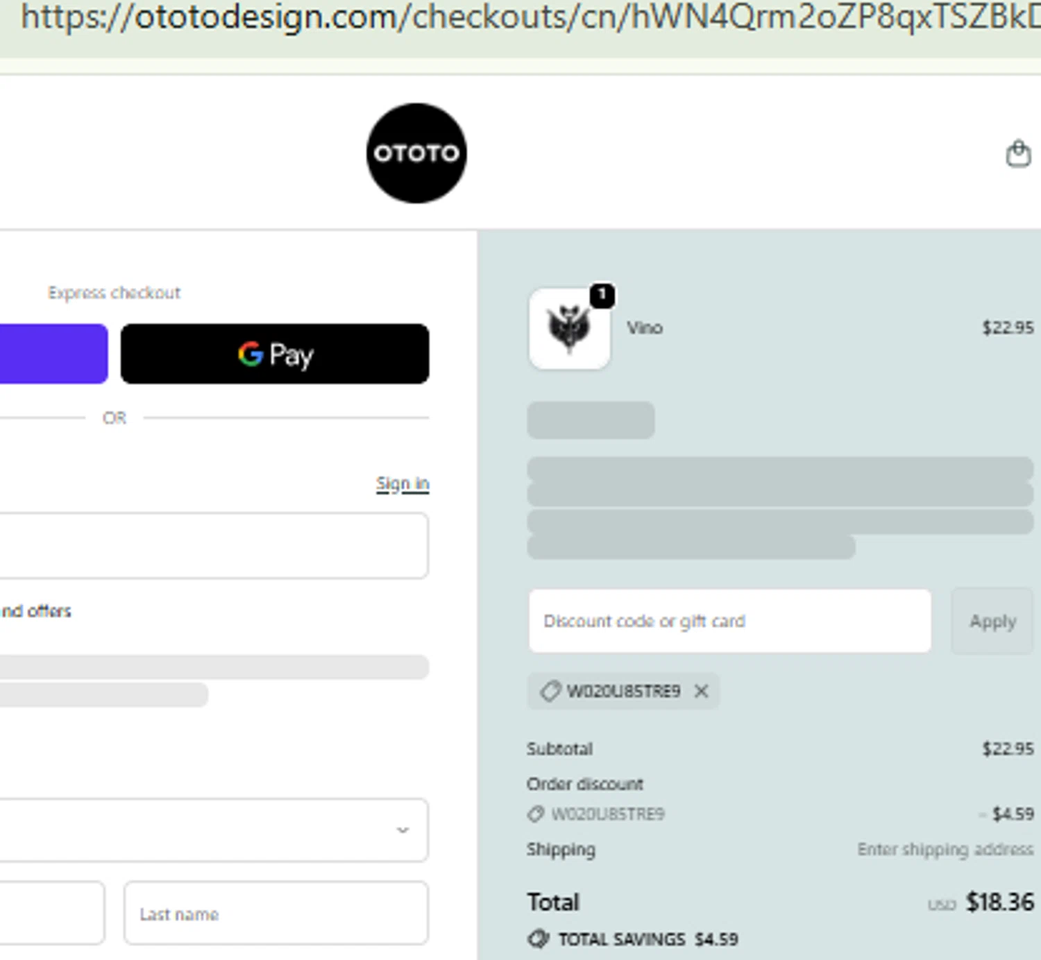 Ototo coupon code screenshot showing code W020U85TRE9 applied at Ototo checkout page. Uploaded by SimplyCodes community member RewardFinder4836 on Oct 23, 2025