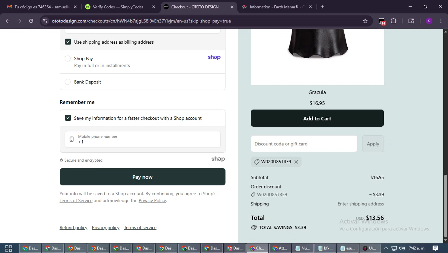 Ototo coupon code screenshot showing code W020U85TRE9 applied at Ototo checkout page. Uploaded by SimplyCodes community member ShieldWarden7838 on Oct 27, 2025