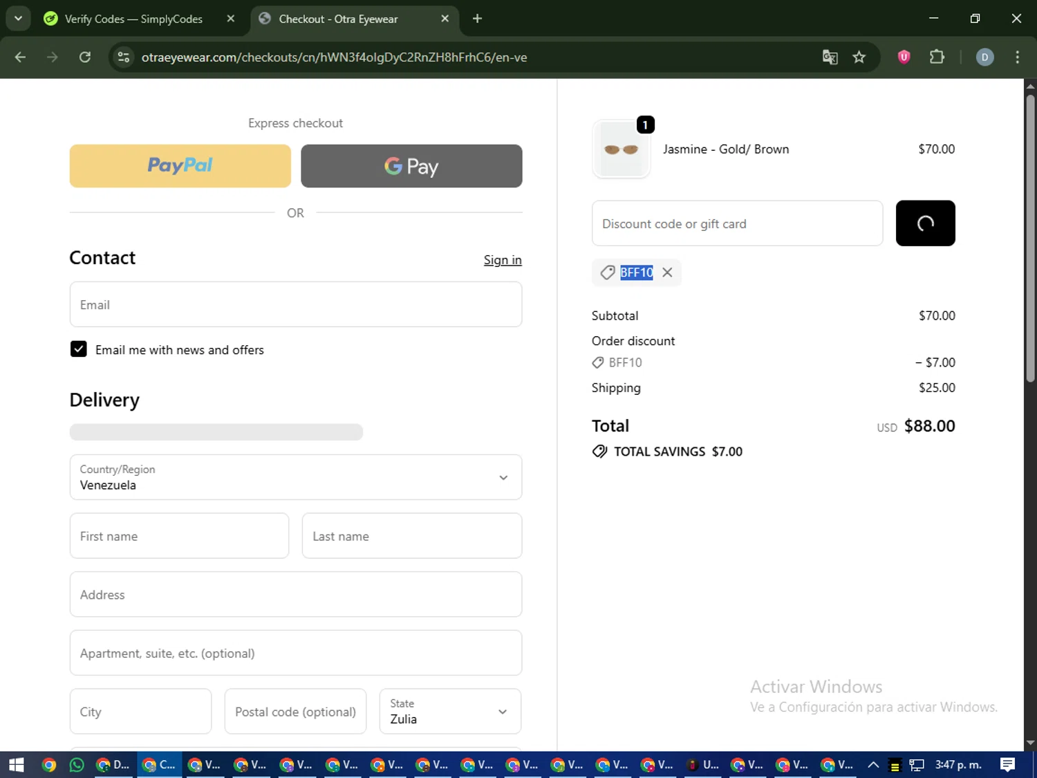 Otra Eyewear discount code screenshot showing code BFF10 applied at Otra Eyewear checkout page. Uploaded by SimplyCodes community member CleverCurator2558 on Oct 2, 2025