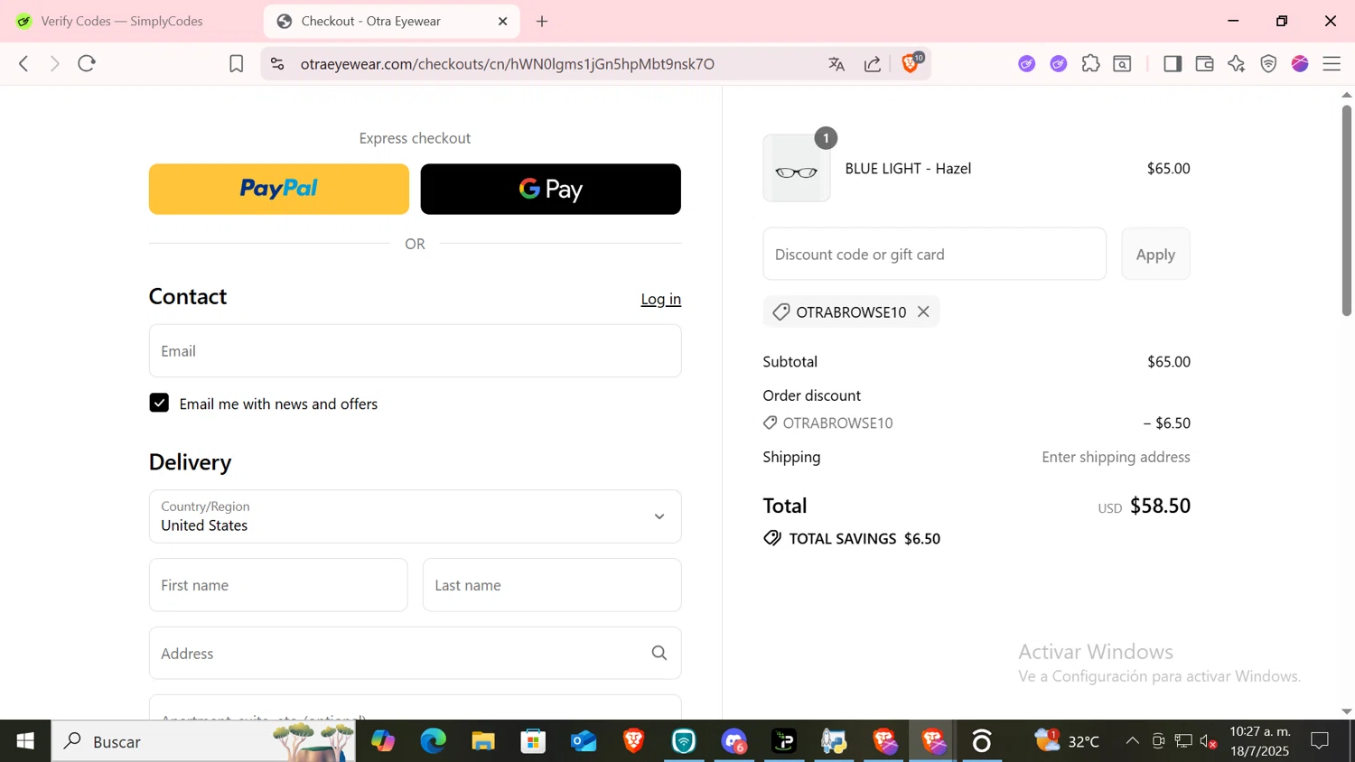 Otra Eyewear discount code screenshot showing code OTRABROWSE10 applied at Otra Eyewear checkout page. Uploaded by SimplyCodes community member CODMOBILE2 on Jul 18, 2025