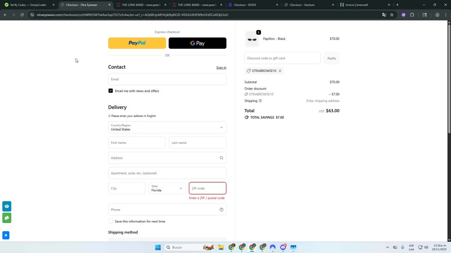 Otra Eyewear discount code screenshot showing code OTRABROWSE10 applied at Otra Eyewear checkout page. Uploaded by SimplyCodes community member asdasdasd on Nov 19, 2025