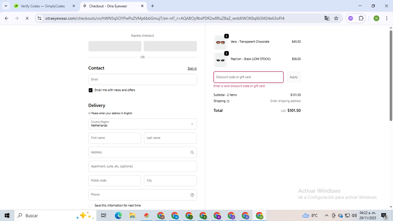 Otra Eyewear discount code screenshot showing code VIP25 applied at Otra Eyewear checkout page. Uploaded by SimplyCodes community member TokenMaverick6956 on Nov 29, 2025