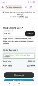 Ottawa Senators Shop coupon verification screenshot