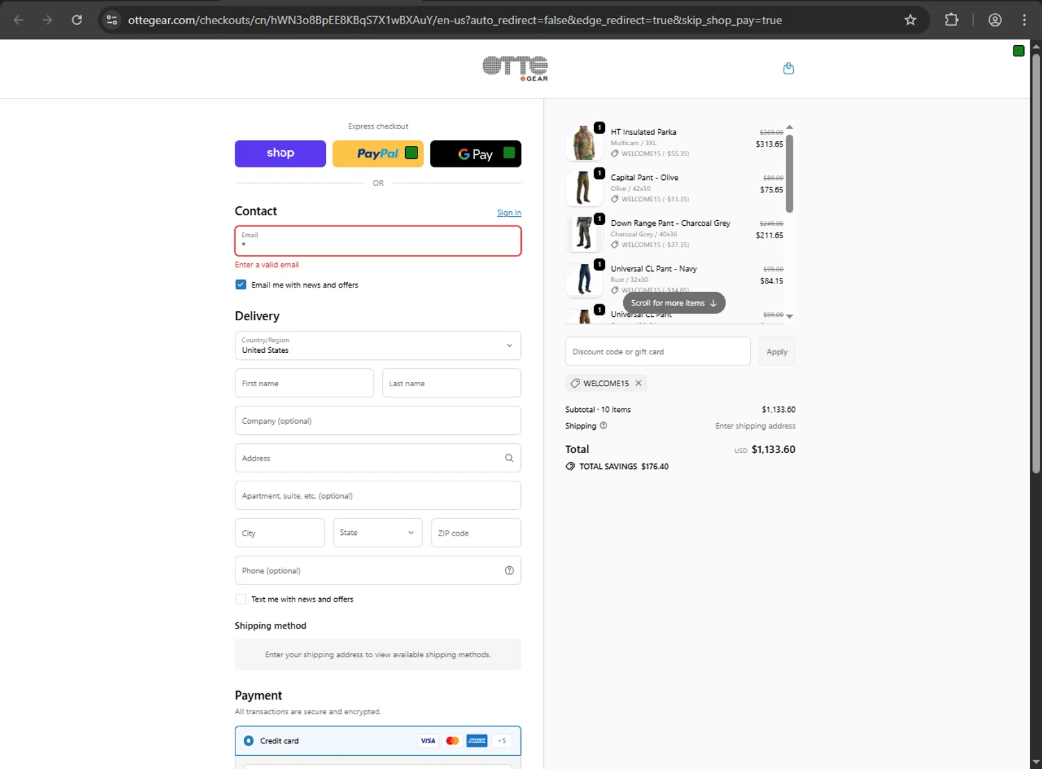 Otte Gear discount code screenshot showing code WELCOME15 applied at Otte Gear checkout page. Uploaded by SimplyCodes community member Niideamrk on Oct 6, 2025