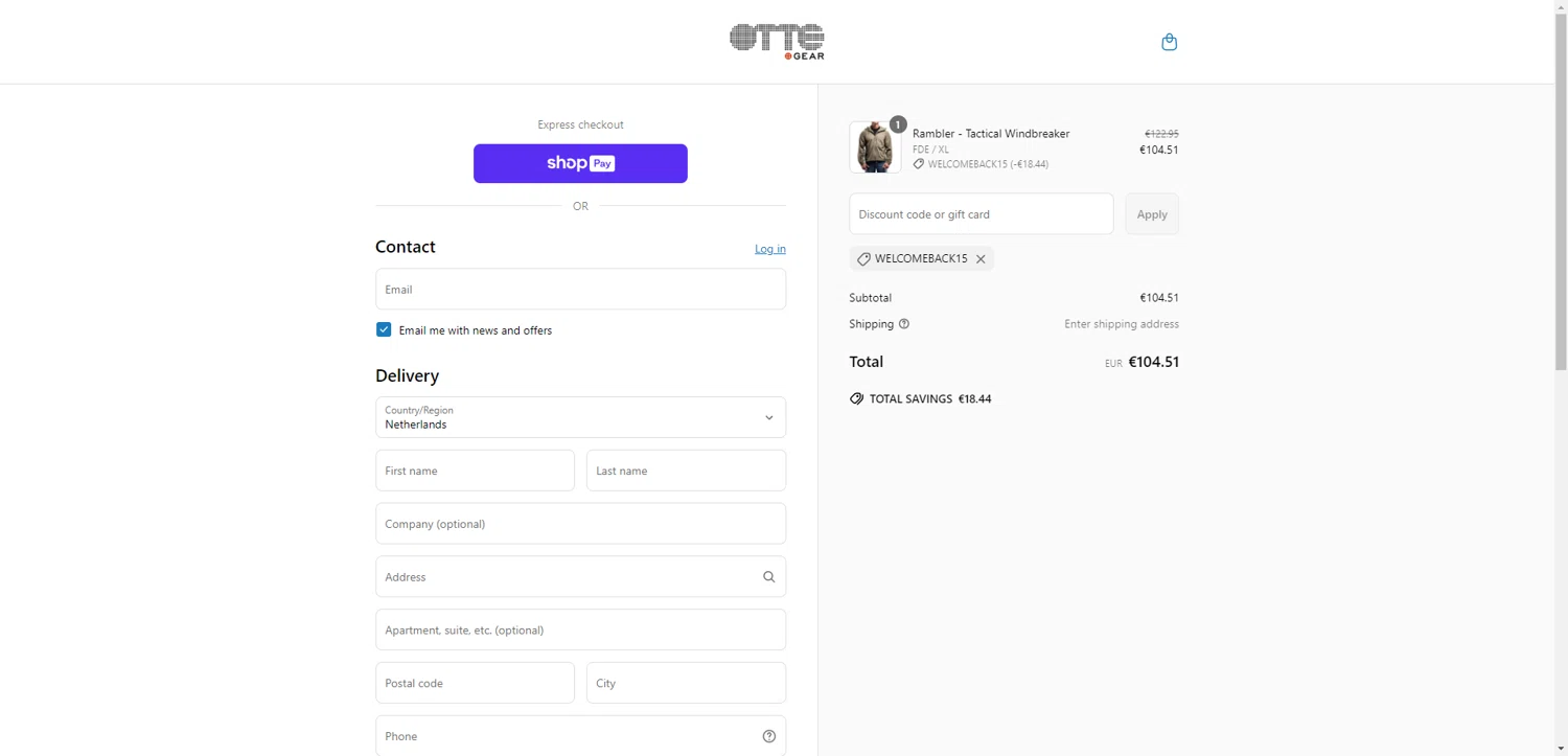 Otte Gear discount code screenshot showing code WELCOMEBACK15 applied at Otte Gear checkout page. Uploaded by SimplyCodes community member DiscountWarden480 on Jun 27, 2025