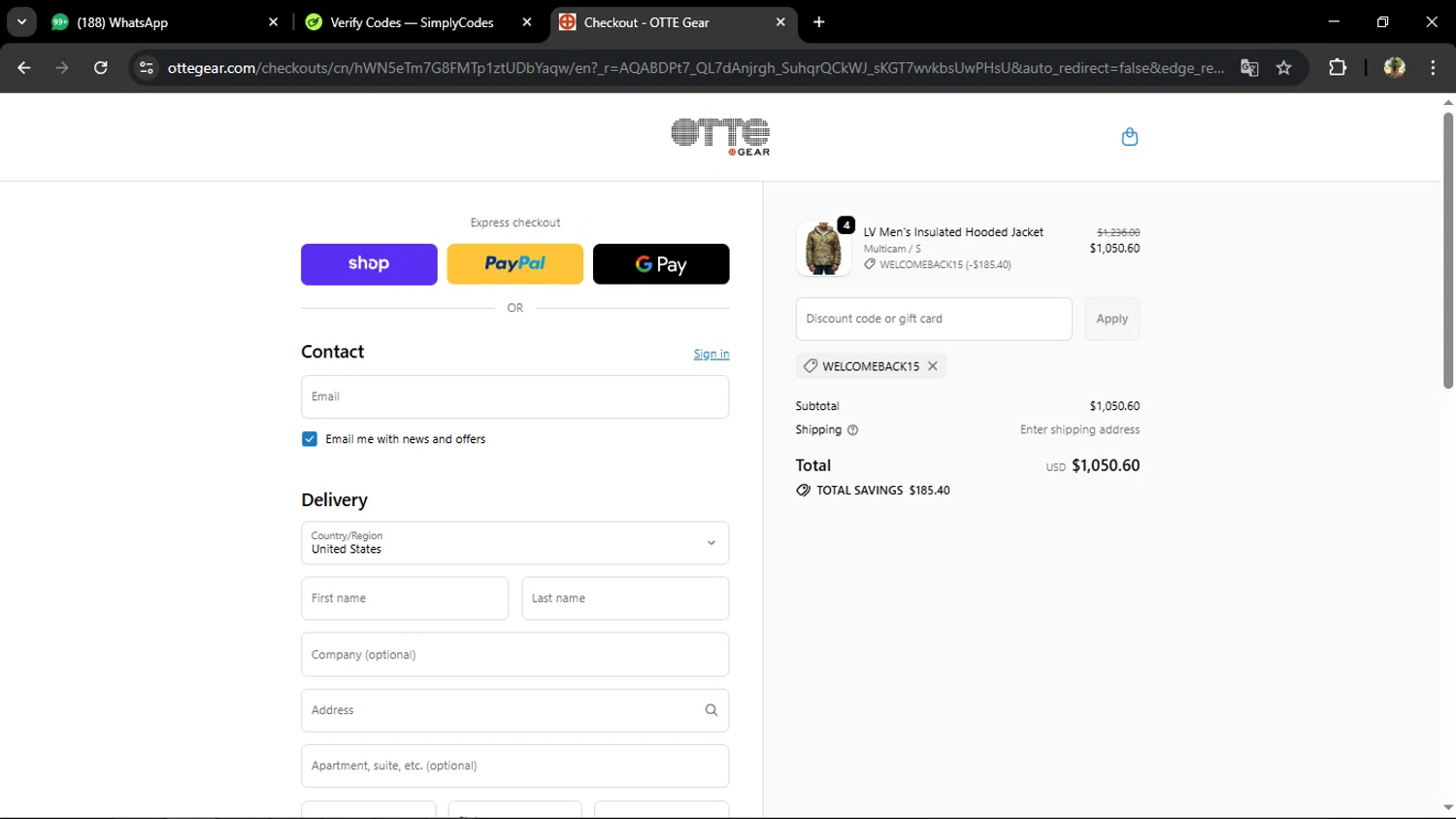 Otte Gear discount code screenshot showing code WELCOMEBACK15 applied at Otte Gear checkout page. Uploaded by SimplyCodes community member Tralalelo on Nov 24, 2025
