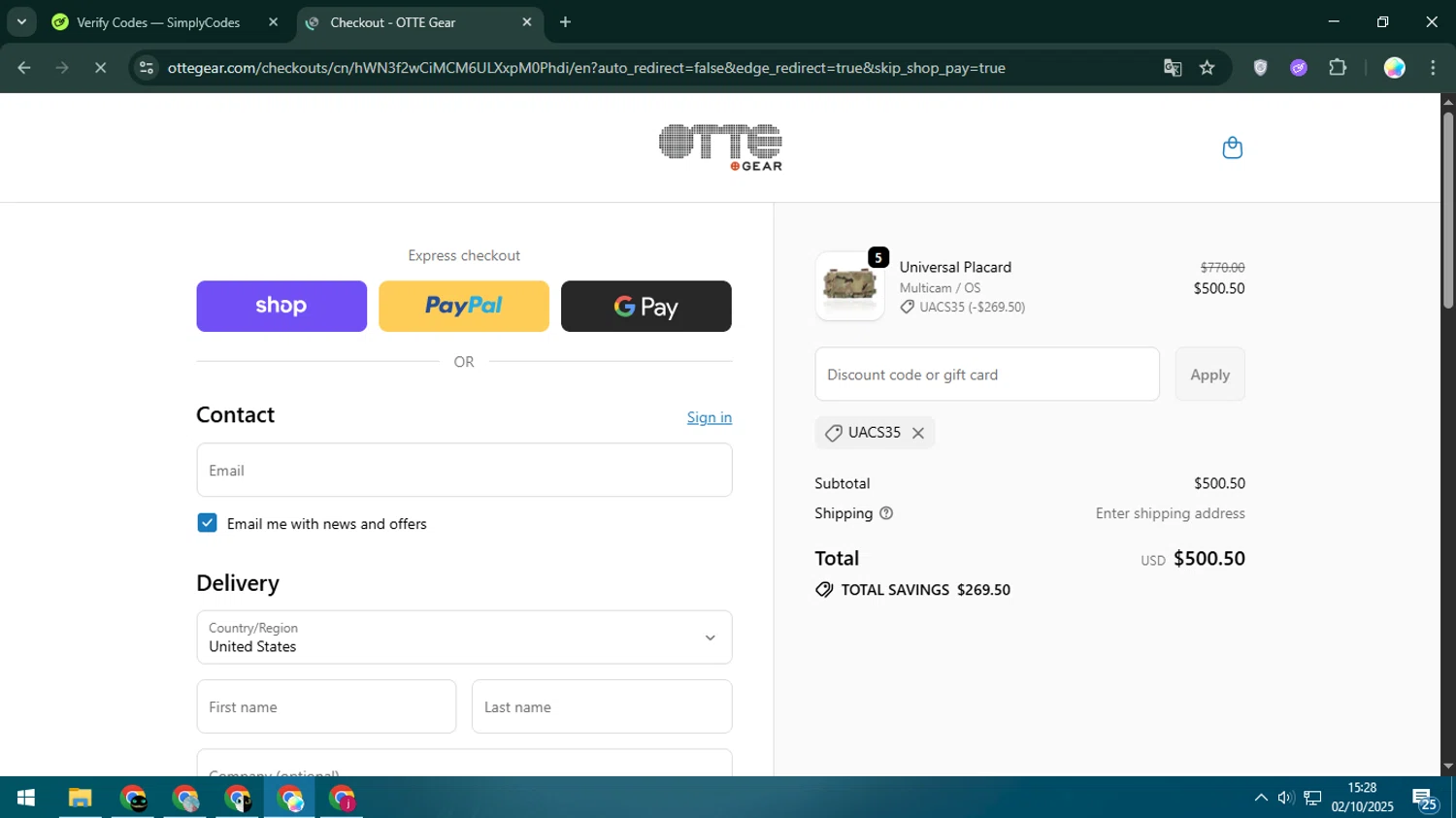 Otte Gear discount code screenshot showing code UACS35 applied at Otte Gear checkout page. Uploaded by SimplyCodes community member Estrellitacoairis on Oct 2, 2025