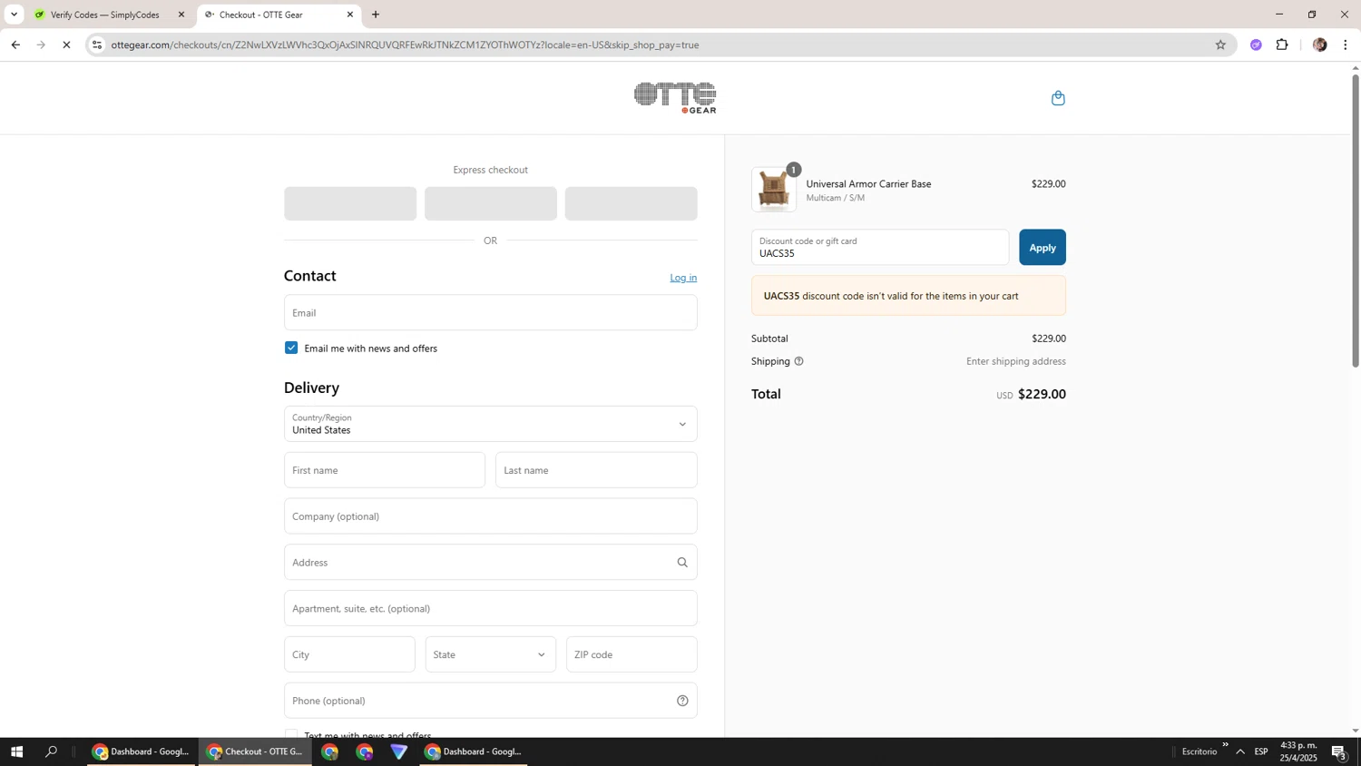Otte Gear discount code screenshot showing code UACS35 applied at Otte Gear checkout page. Uploaded by SimplyCodes community member Levi_Ackerman on Apr 25, 2025