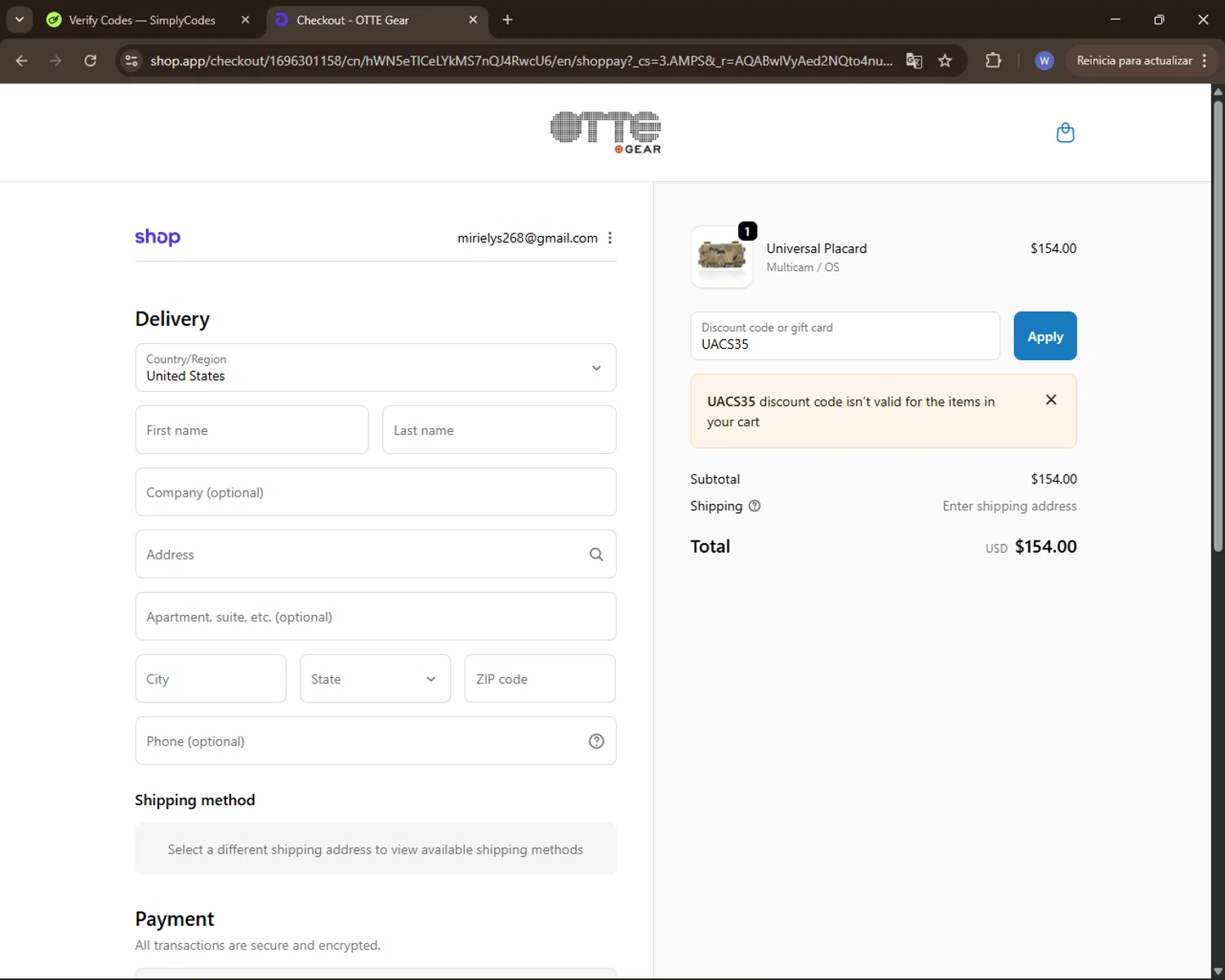 Otte Gear discount code screenshot showing code UACS35 applied at Otte Gear checkout page. Uploaded by SimplyCodes community member VoucherElite7352 on Nov 24, 2025