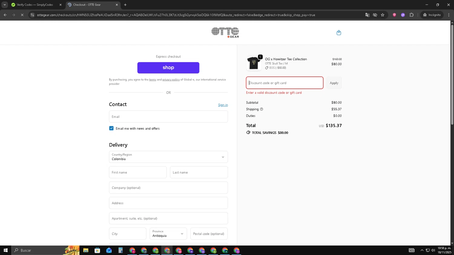 Otte Gear discount code screenshot showing code vip50 applied at Otte Gear checkout page. Uploaded by SimplyCodes community member pequenokalvin5 on Nov 19, 2025