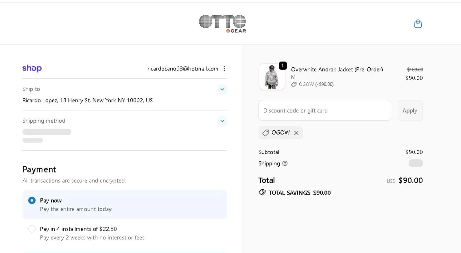 Otte Gear discount code screenshot showing code OGOW applied at Otte Gear checkout page. Uploaded by SimplyCodes community member LAMINEJAMAL on Jan 2, 2026