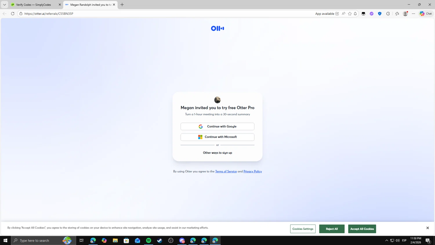Otter.ai promo code screenshot showing code C55BN35P applied at Otter.ai checkout page. Uploaded by SimplyCodes community member fghfgefds2 on Feb 5, 2026