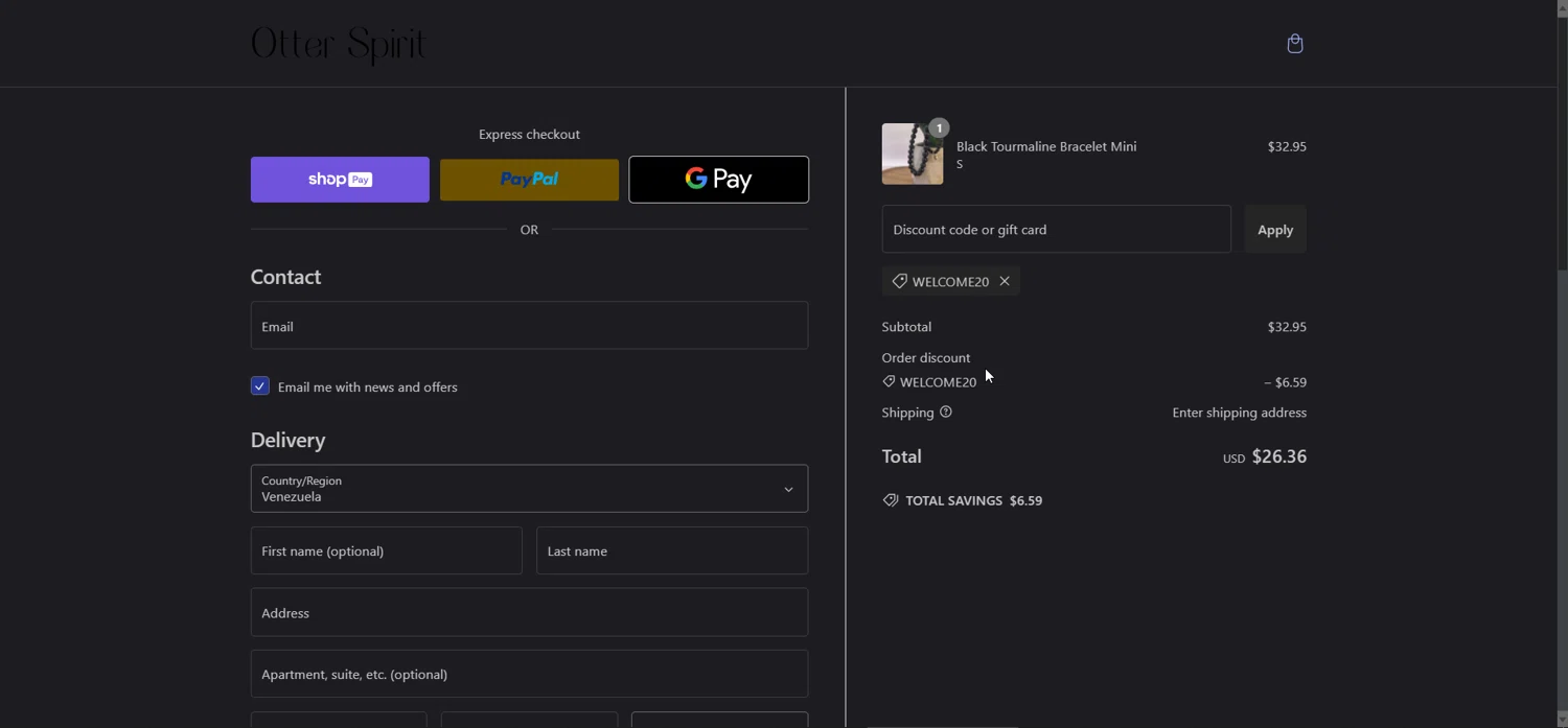 Otter Spirit discount code screenshot showing code WELCOME20 applied at Otter Spirit checkout page. Uploaded by SimplyCodes community member RichardWagner on Jan 9, 2025