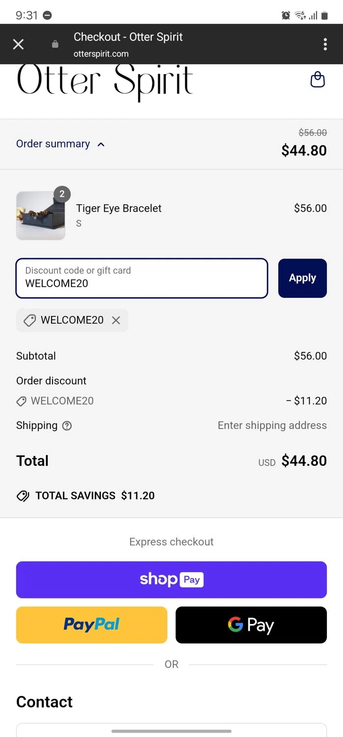 Otter Spirit discount code screenshot showing code WELCOME20 applied at Otter Spirit checkout page. Uploaded by SimplyCodes community member FortunateLynx2589 on May 3, 2025