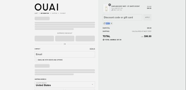 Ouai checkout page showing Ouai discount code box | Screenshot taken by SimplyCodes community member on Sep 12, 2025