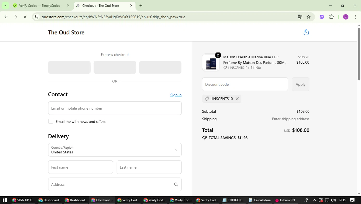The Oud Store discount code screenshot showing code LinScents10 applied at The Oud Store checkout page. Uploaded by SimplyCodes community member ValiantFinder3275 on Oct 8, 2025