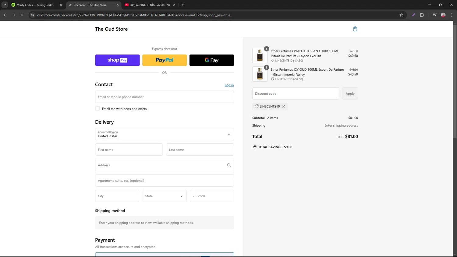 The Oud Store discount code screenshot showing code LinScents10 applied at The Oud Store checkout page. Uploaded by SimplyCodes community member necesitoplata on Feb 14, 2025
