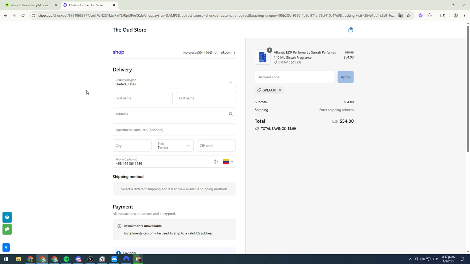The Oud Store discount code screenshot showing code GRETA10 applied at The Oud Store checkout page. Uploaded by SimplyCodes community member sfdfgdsfgdfgdfg on Sep 2, 2025