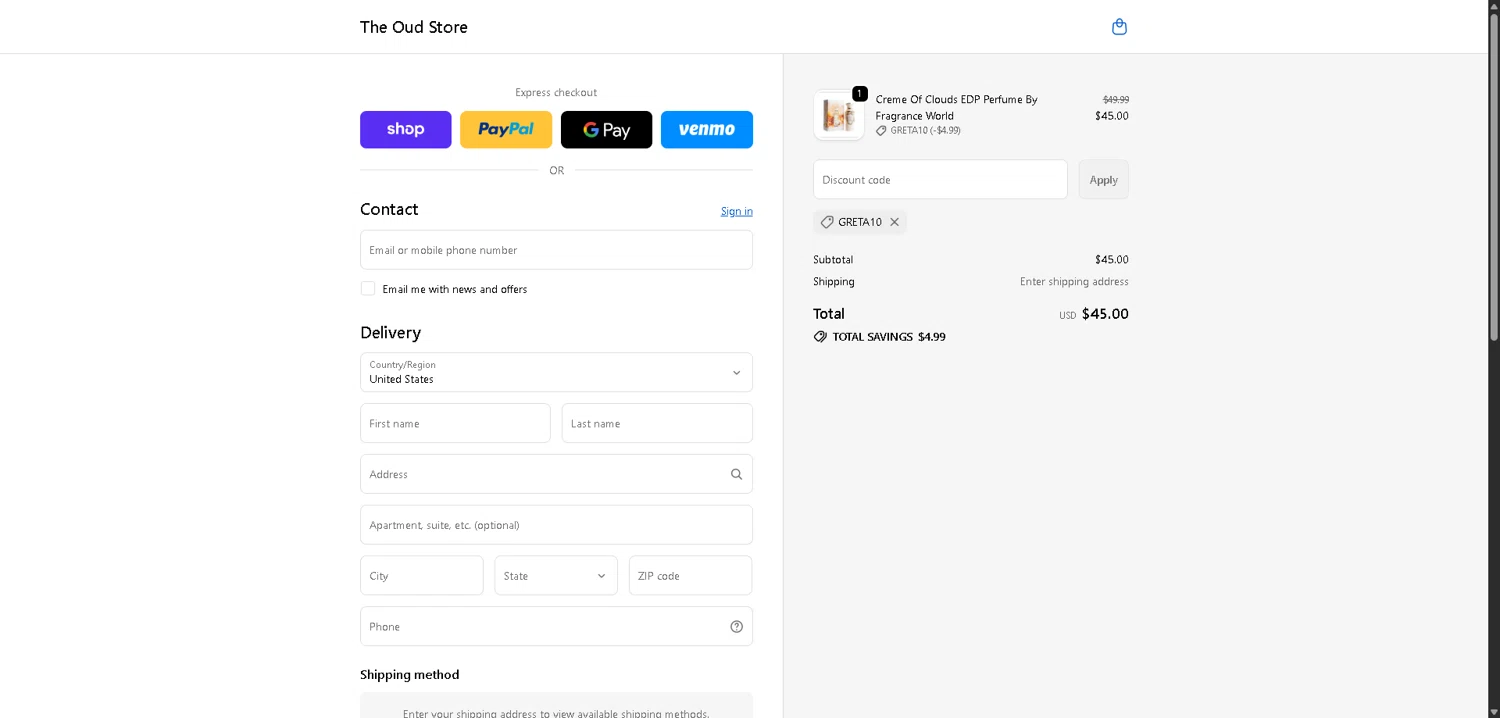 The Oud Store discount code screenshot showing code GRETA10 applied at The Oud Store checkout page. Uploaded by SimplyCodes community member VictoriousFinder4393 on Feb 3, 2026