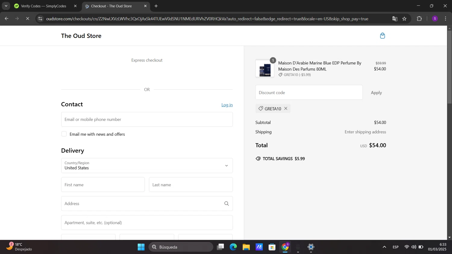 The Oud Store discount code screenshot showing code GRETA10 applied at The Oud Store checkout page. Uploaded by SimplyCodes community member sorialbam on Mar 1, 2025