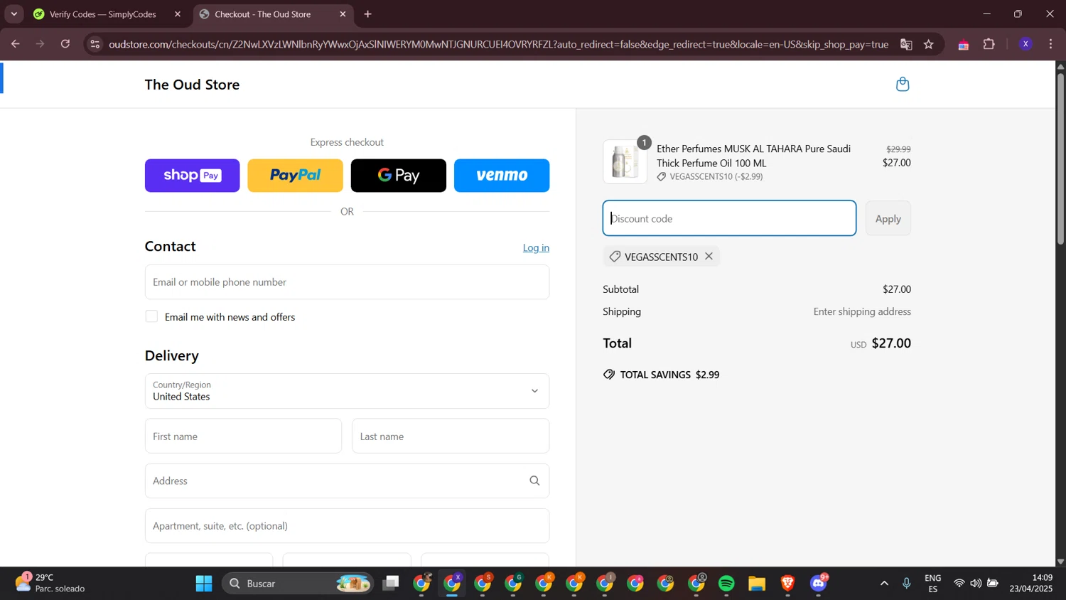 The Oud Store discount code screenshot showing code VEGASSCENTS10 applied at The Oud Store checkout page. Uploaded by SimplyCodes community member LewisHamilton on Apr 23, 2025