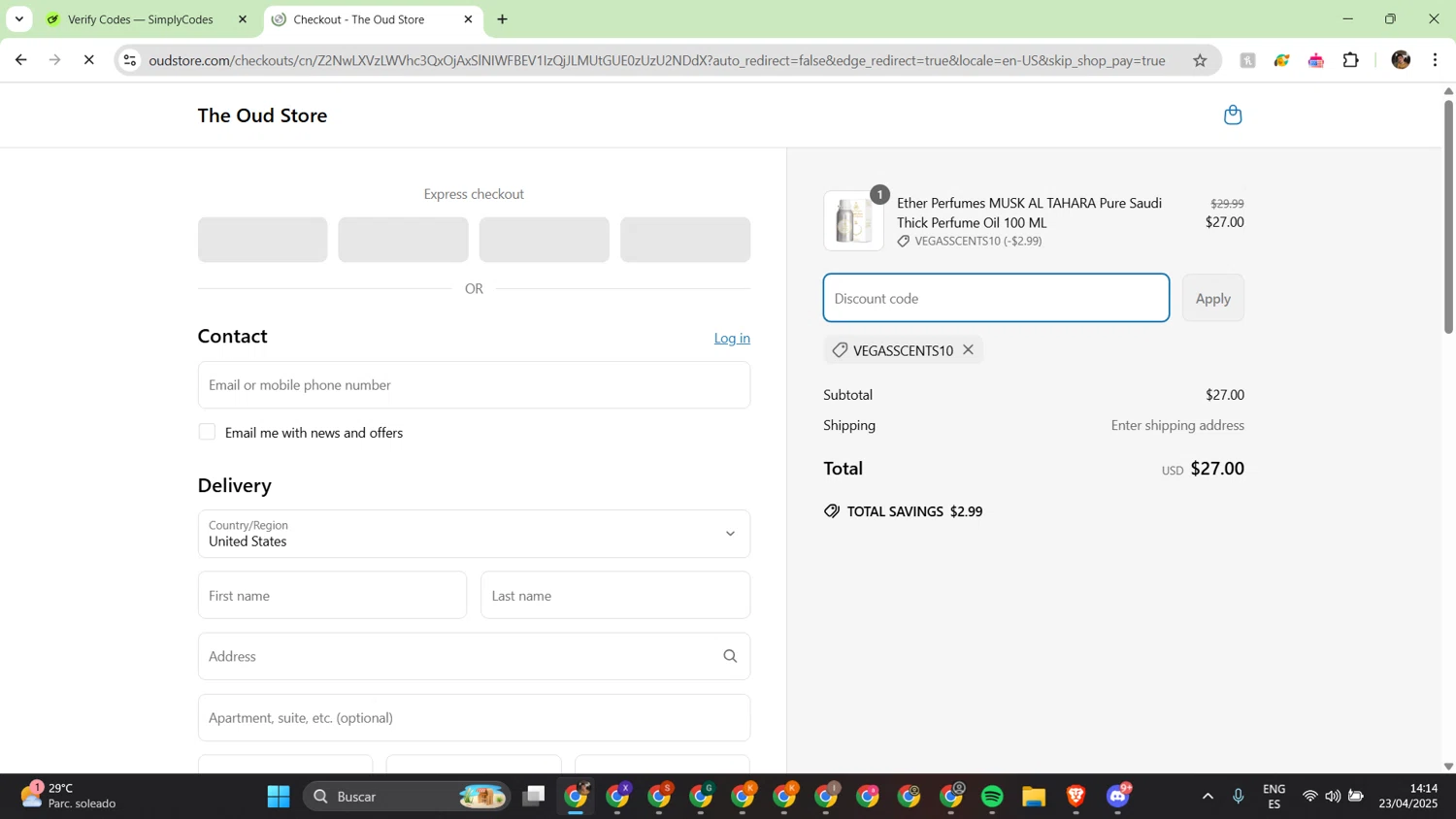 The Oud Store discount code screenshot showing code VEGASSCENTS10 applied at The Oud Store checkout page. Uploaded by SimplyCodes community member alfredish on Apr 23, 2025