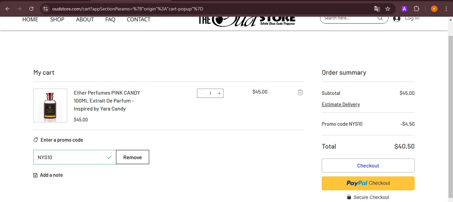 The Oud Store discount code screenshot showing code NYS10 applied at The Oud Store checkout page. Uploaded by SimplyCodes community member NobleElite1598 on Jan 18, 2025