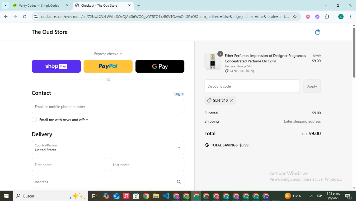 The Oud Store discount code screenshot showing code GENTS10 applied at The Oud Store checkout page. Uploaded by SimplyCodes community member BonusPilot927 on Jun 3, 2025