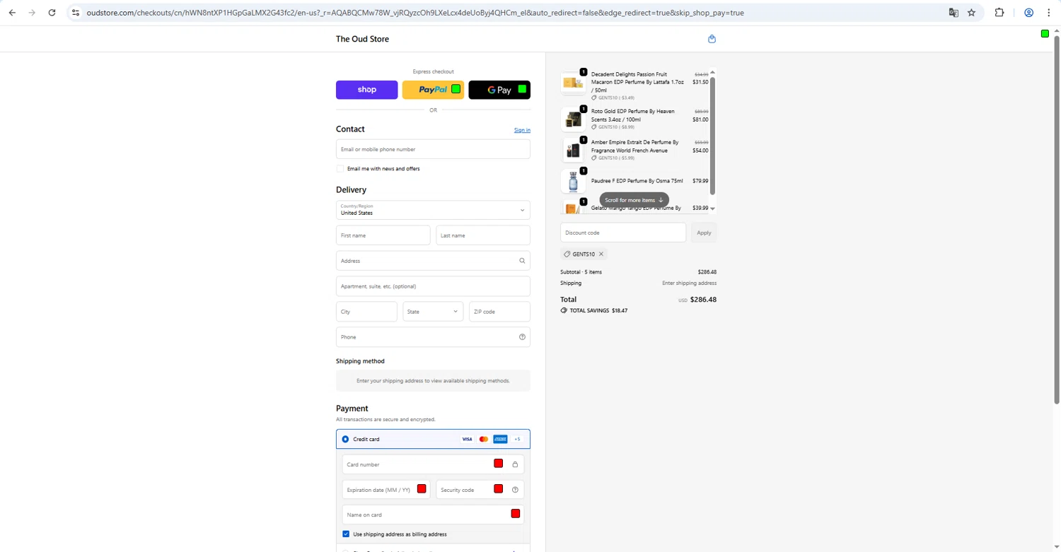 The Oud Store discount code screenshot showing code GENTS10 applied at The Oud Store checkout page. Uploaded by SimplyCodes community member megagei on Feb 15, 2026