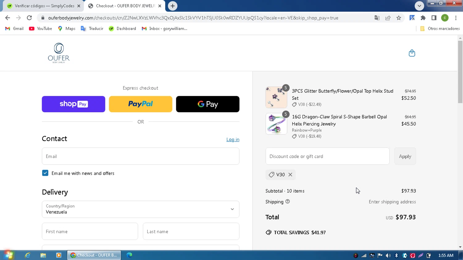 Oufer Body Piercing promo code screenshot showing code V30 applied at Oufer Body Piercing checkout page. Uploaded by SimplyCodes community member MagnificentPilot8371 on May 26, 2025