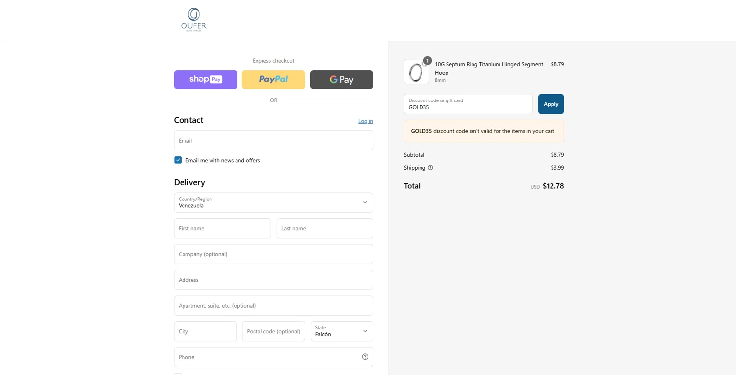 Oufer Body Piercing promo code screenshot showing code GOLD35 applied at Oufer Body Piercing checkout page. Uploaded by SimplyCodes community member MightyTitan865 on Jul 20, 2025