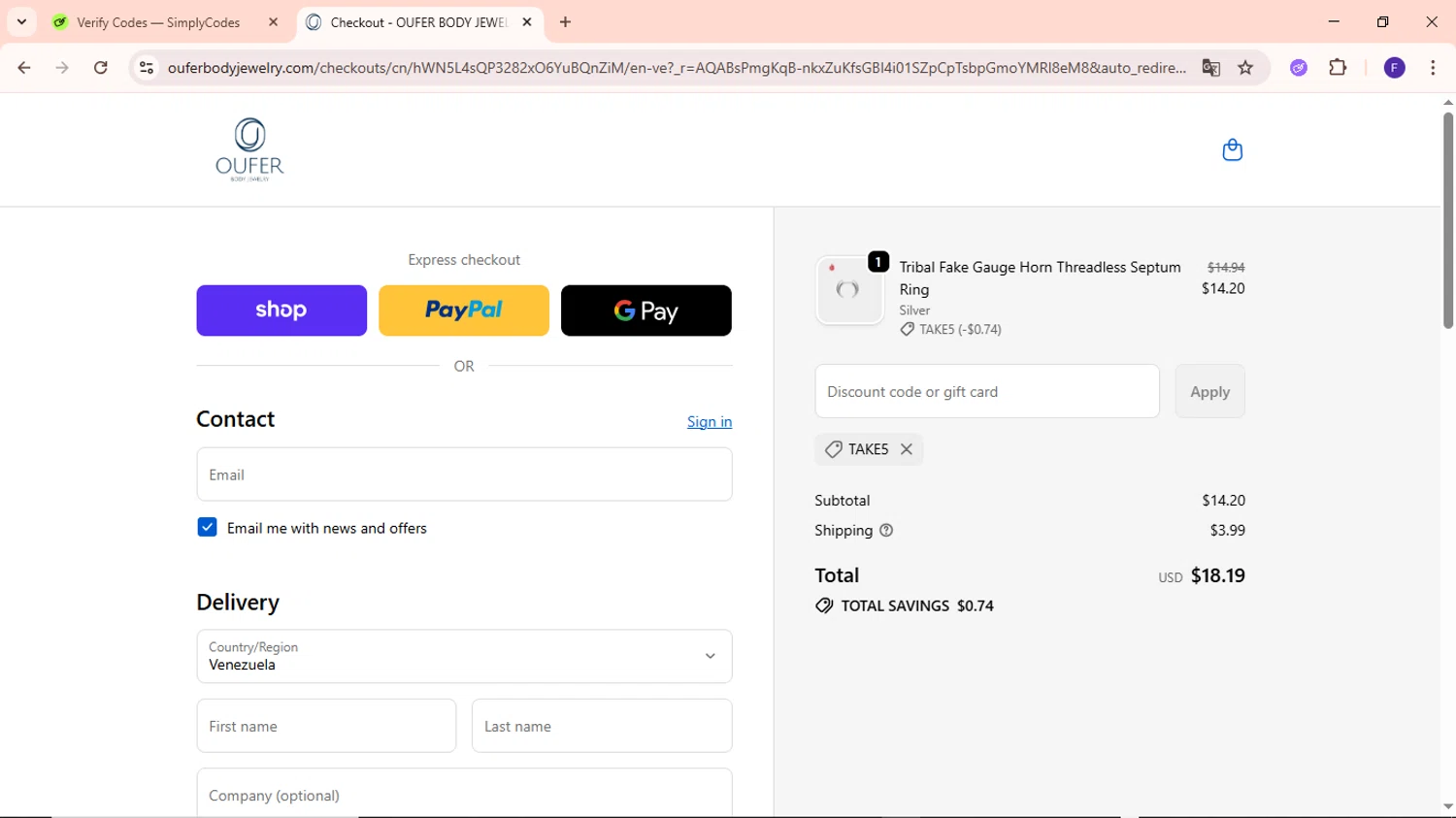 Oufer Body Piercing promo code screenshot showing code TAKE5 applied at Oufer Body Piercing checkout page. Uploaded by SimplyCodes community member MightyCaptain635 on Nov 16, 2025