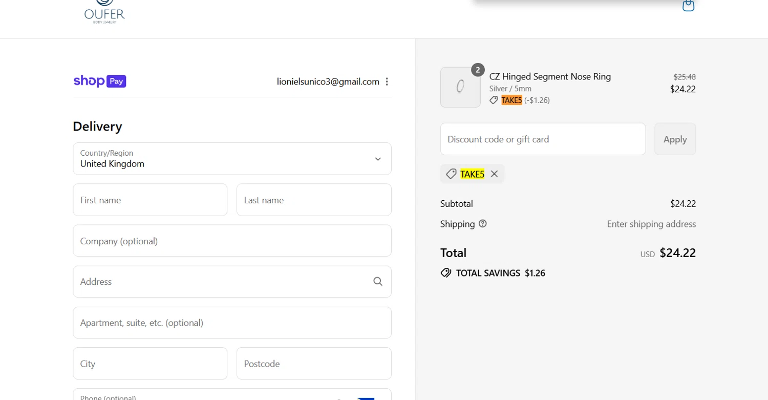 Oufer Body Piercing promo code screenshot showing code TAKE5 applied at Oufer Body Piercing checkout page. Uploaded by SimplyCodes community member Lioniel on Aug 2, 2025