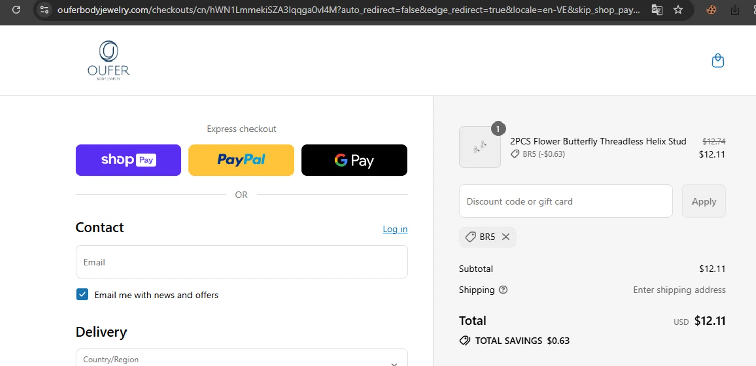 Oufer Body Piercing promo code screenshot showing code BR5 applied at Oufer Body Piercing checkout page. Uploaded by SimplyCodes community member javierprez on Aug 2, 2025